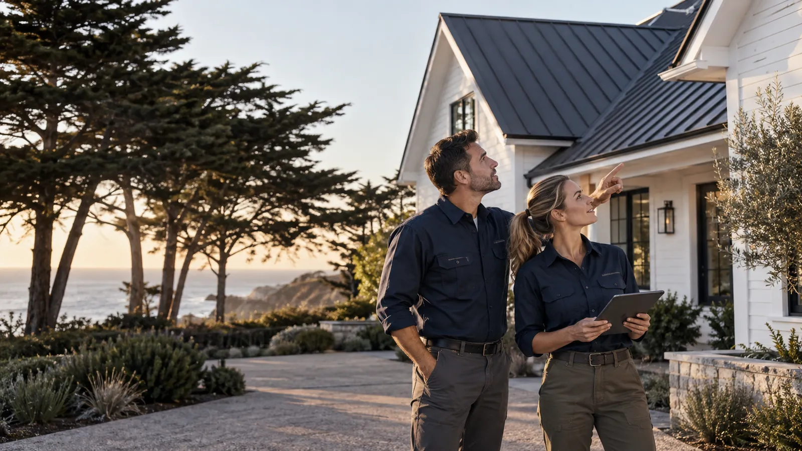 Roofing professionals discussing a metal roof beside a coastal-style home