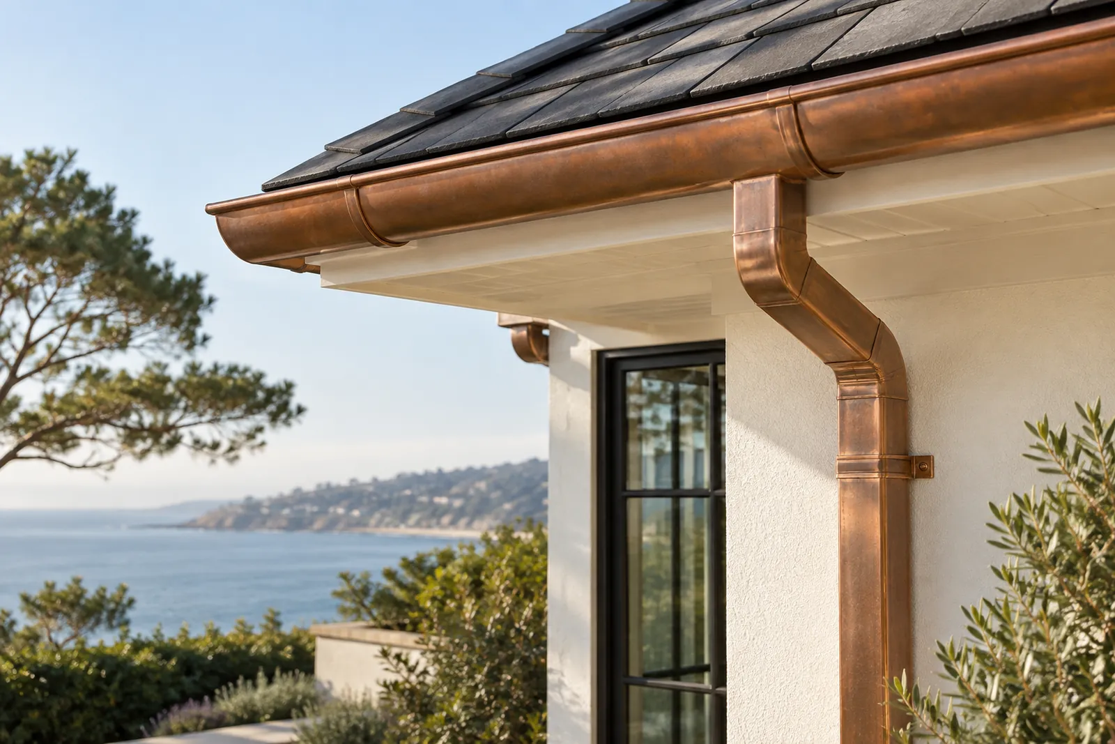 Copper gutter and downspout beside a warm white exterior